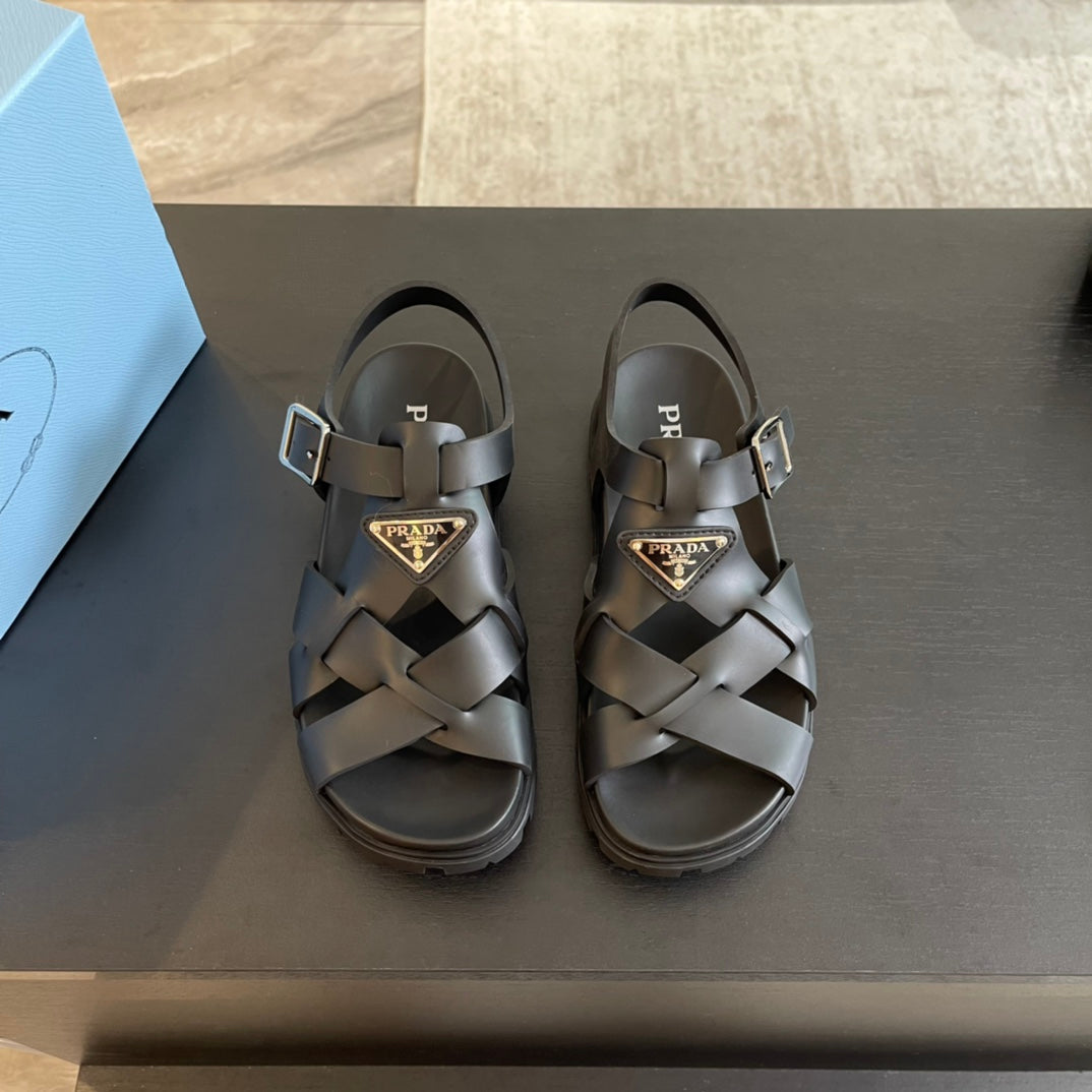 PRA CRISSCROSS RUBBER SANDALS BLACK CALFSKIN - 35
