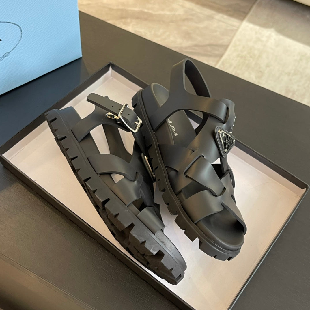 PRA CRISSCROSS RUBBER SANDALS BLACK CALFSKIN - 35