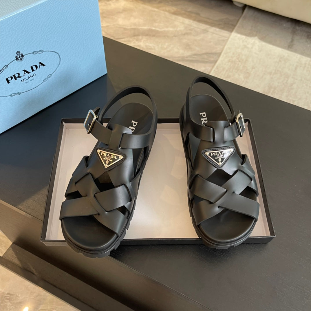 PRA CRISSCROSS RUBBER SANDALS BLACK CALFSKIN - 35