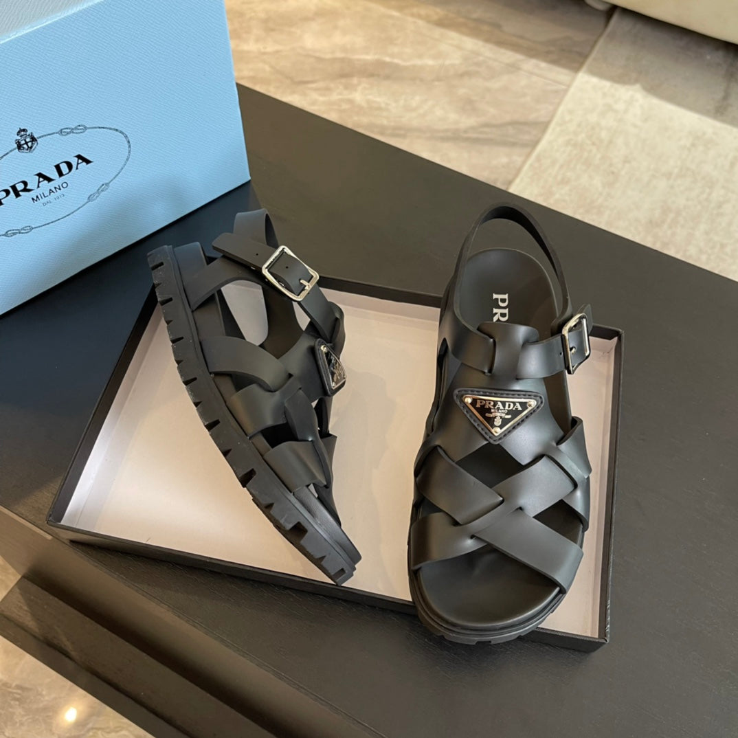PRA CRISSCROSS RUBBER SANDALS BLACK CALFSKIN - 35