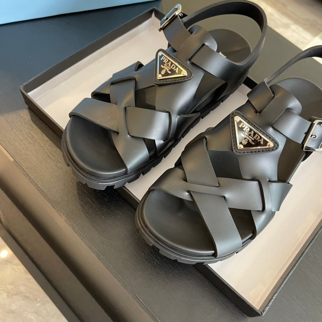PRA CRISSCROSS RUBBER SANDALS BLACK CALFSKIN - 35