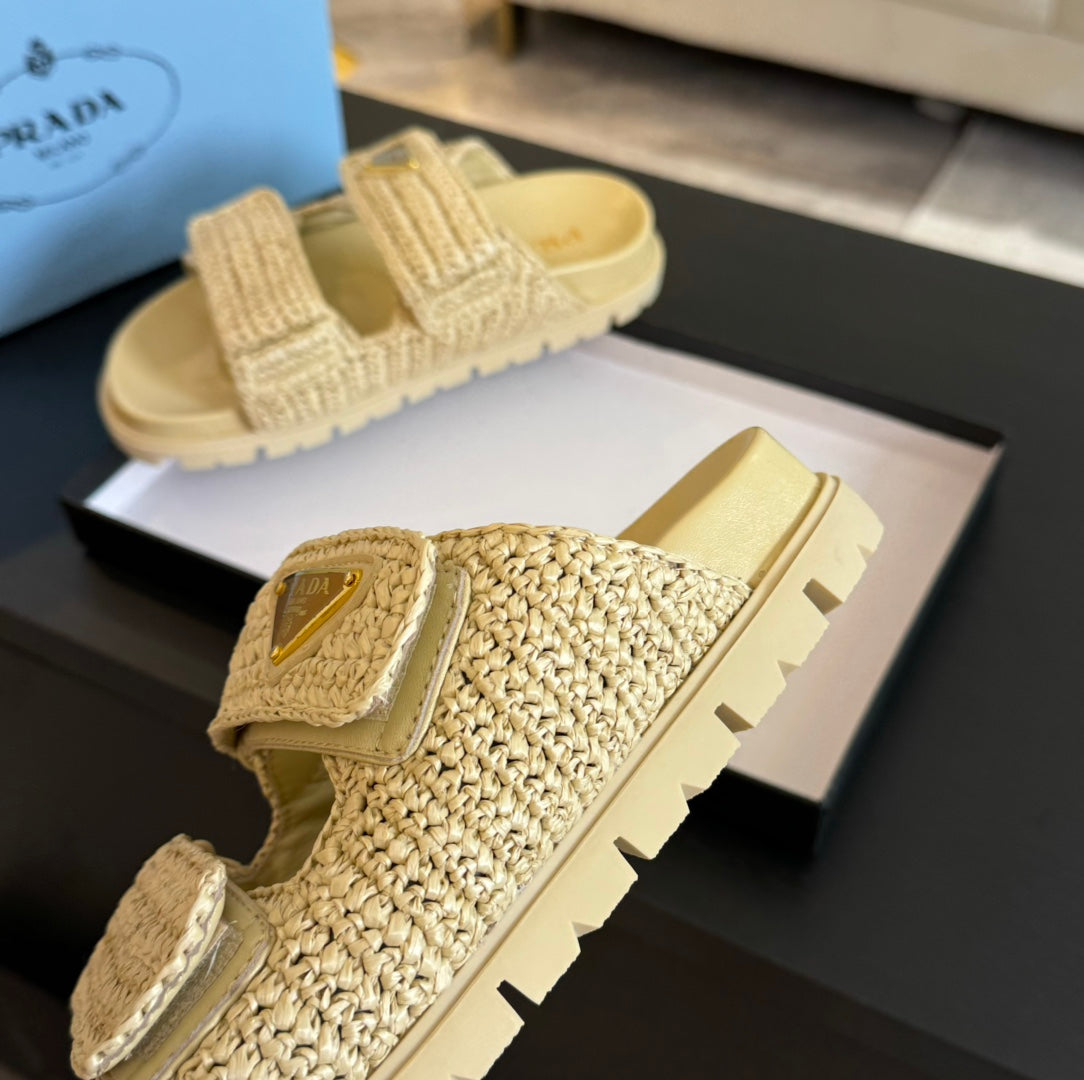 PRA RAFFIA CORK SLIDE PASTEL YELLOW CALFSKIN - 35