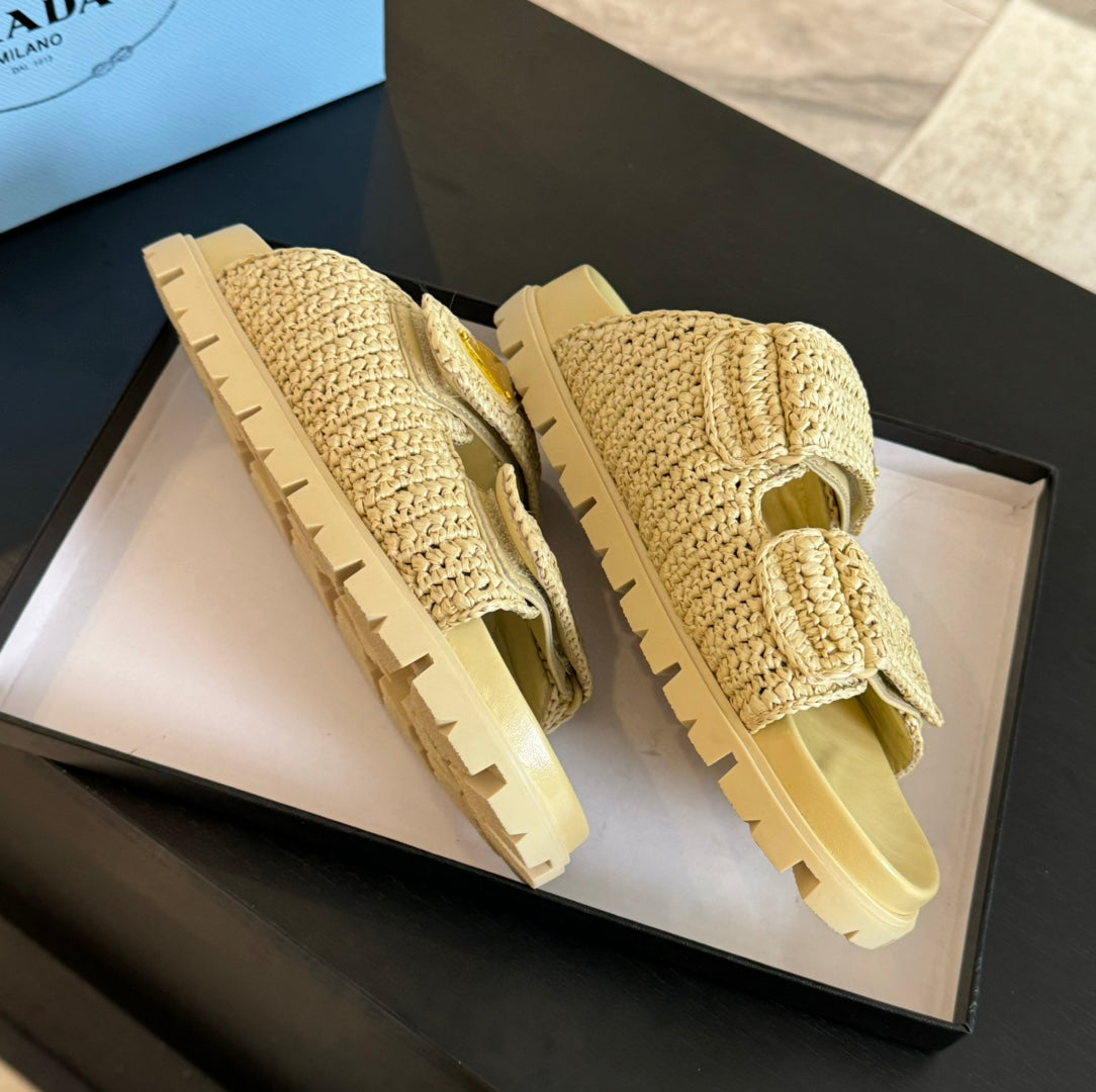 PRA RAFFIA CORK SLIDE PASTEL YELLOW CALFSKIN - 35
