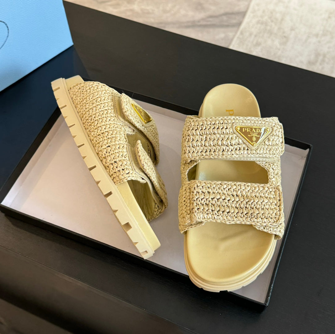 PRA RAFFIA CORK SLIDE PASTEL YELLOW CALFSKIN - 35