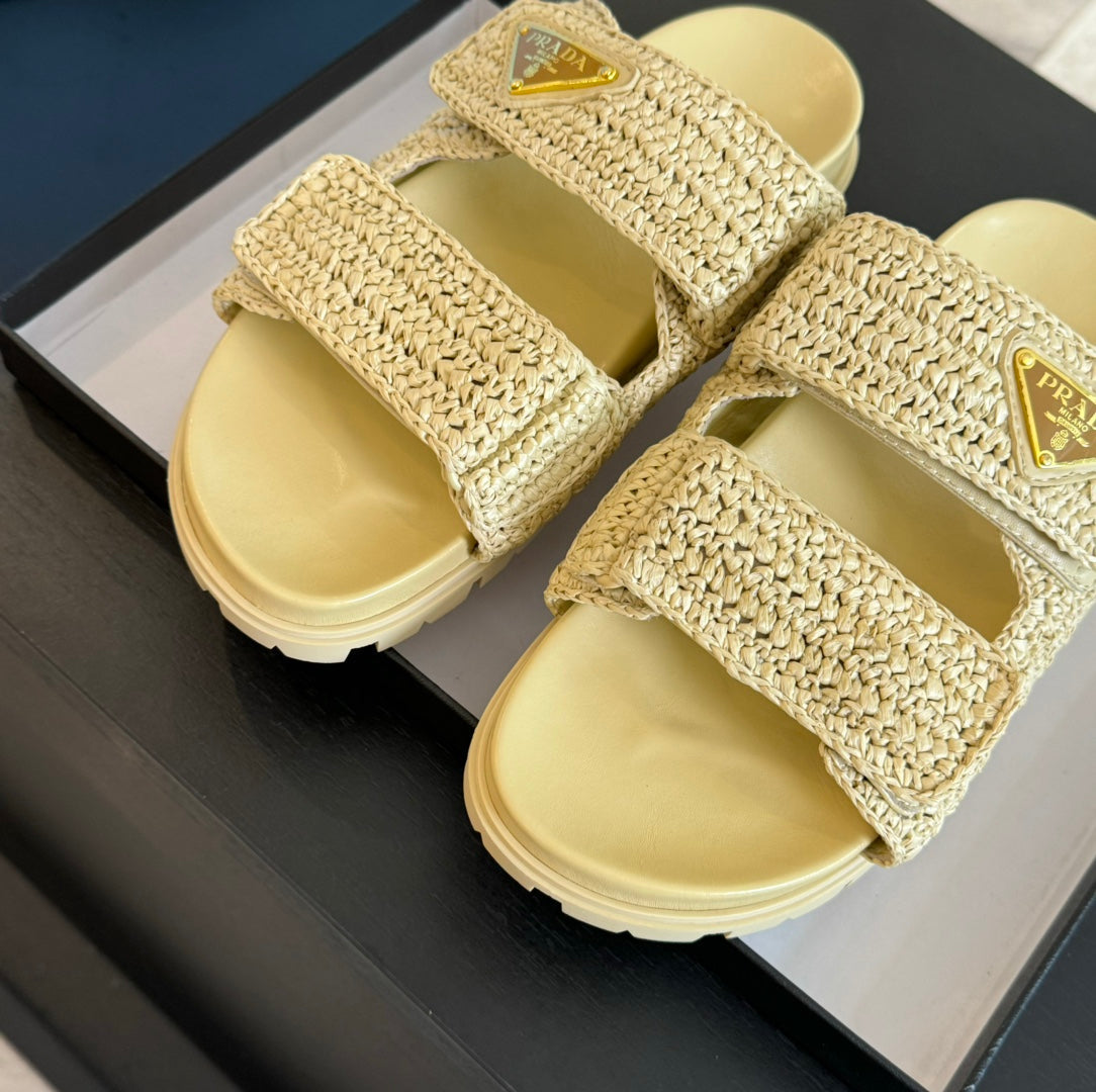 PRA RAFFIA CORK SLIDE PASTEL YELLOW CALFSKIN - 35