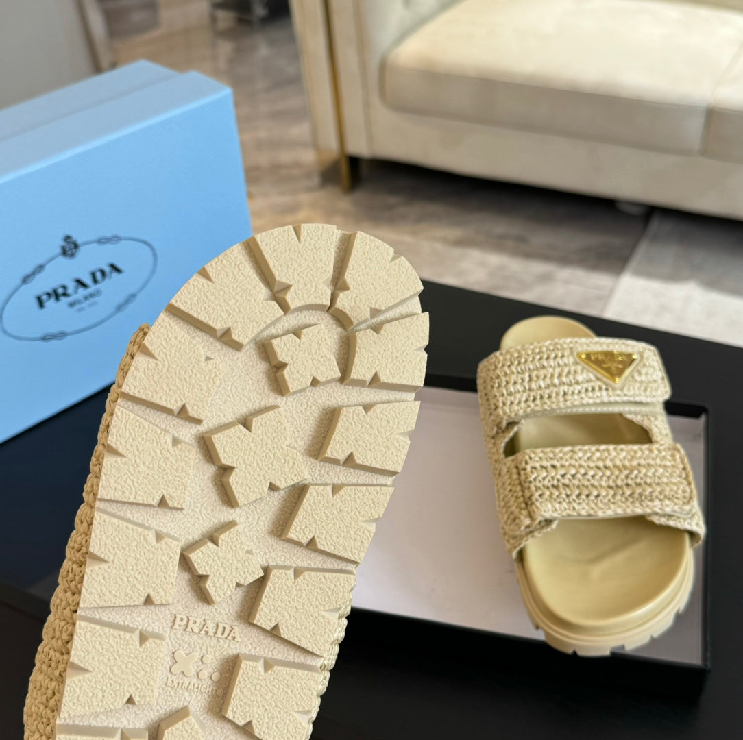 PRA RAFFIA CORK SLIDE PASTEL YELLOW CALFSKIN - 35