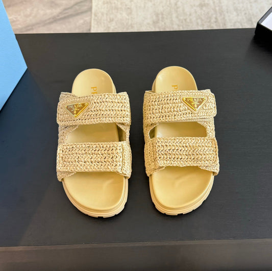 PRA RAFFIA CORK SLIDE PASTEL YELLOW CALFSKIN - 35