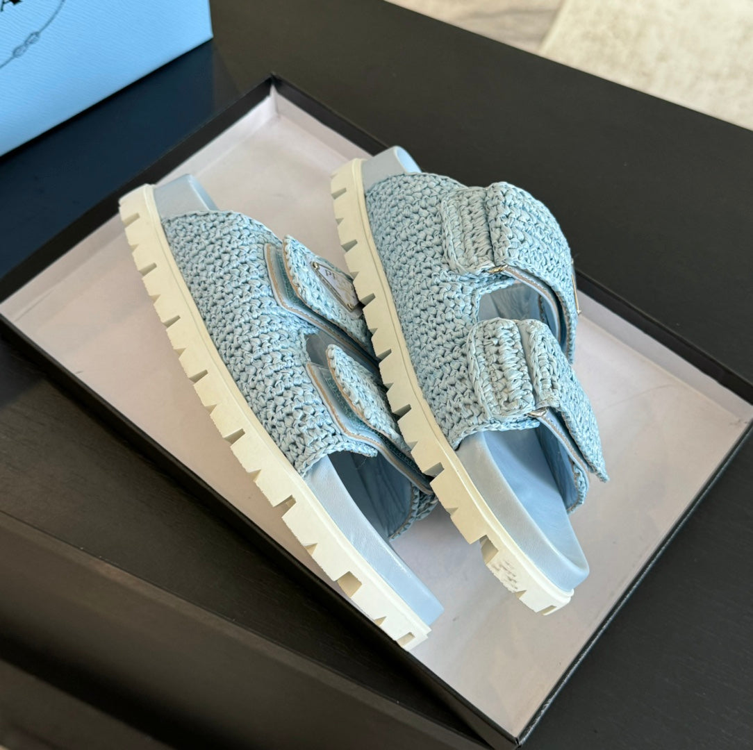 PRA RAFFIA CORK SLIDE SKY CALFSKIN - 35