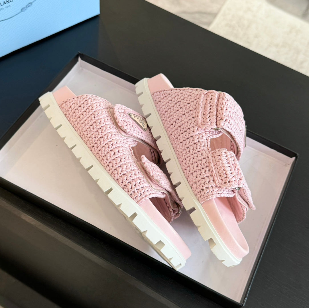 PRA RAFFIA CORK SLIDE LIGHT PINK CALFSKIN - 35