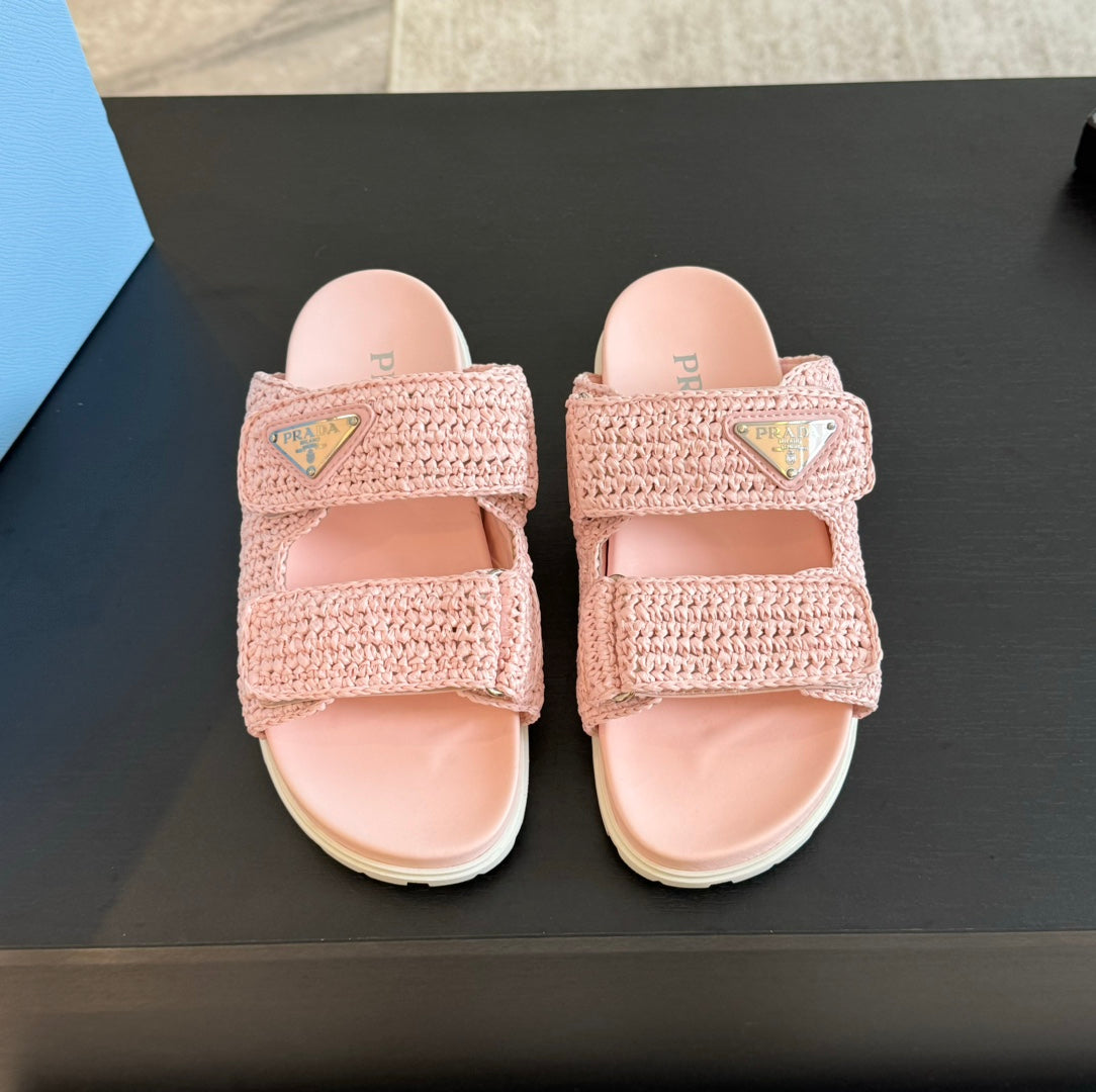 PRA RAFFIA CORK SLIDE LIGHT PINK CALFSKIN - 35