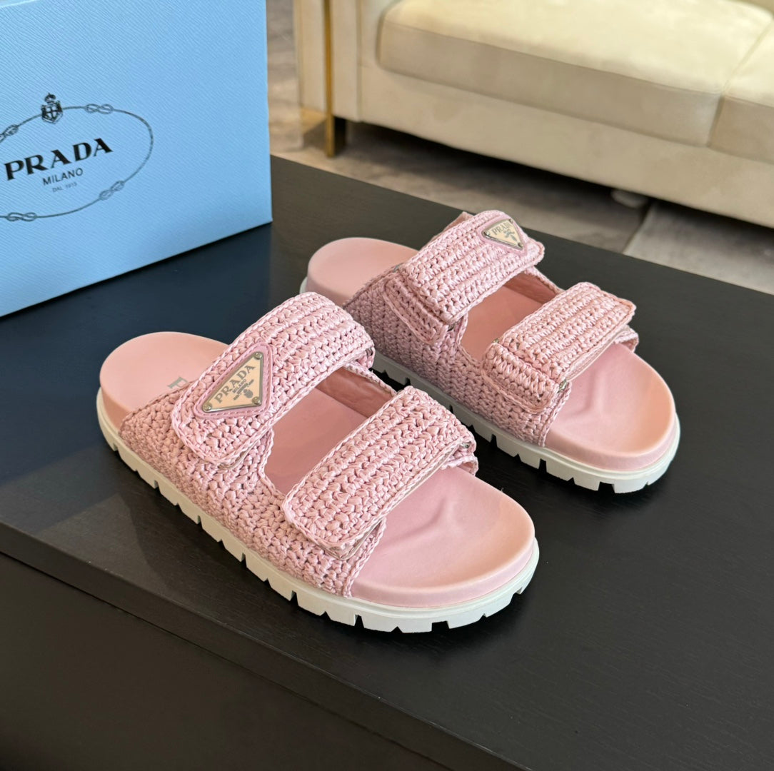 PRA RAFFIA CORK SLIDE LIGHT PINK CALFSKIN - 35