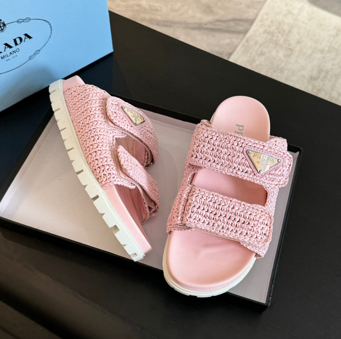 PRA RAFFIA CORK SLIDE LIGHT PINK CALFSKIN - 35