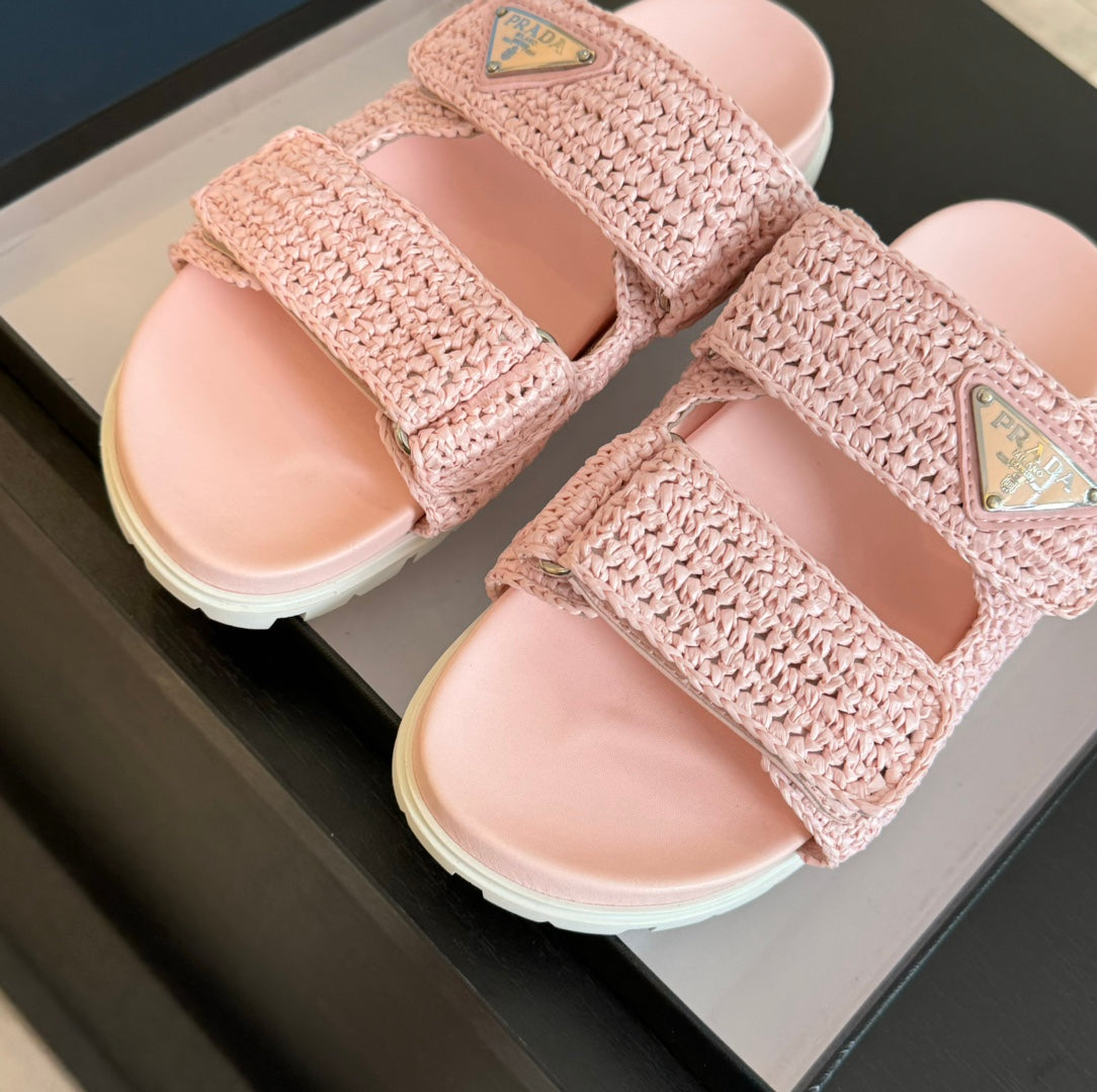 PRA RAFFIA CORK SLIDE LIGHT PINK CALFSKIN - 35