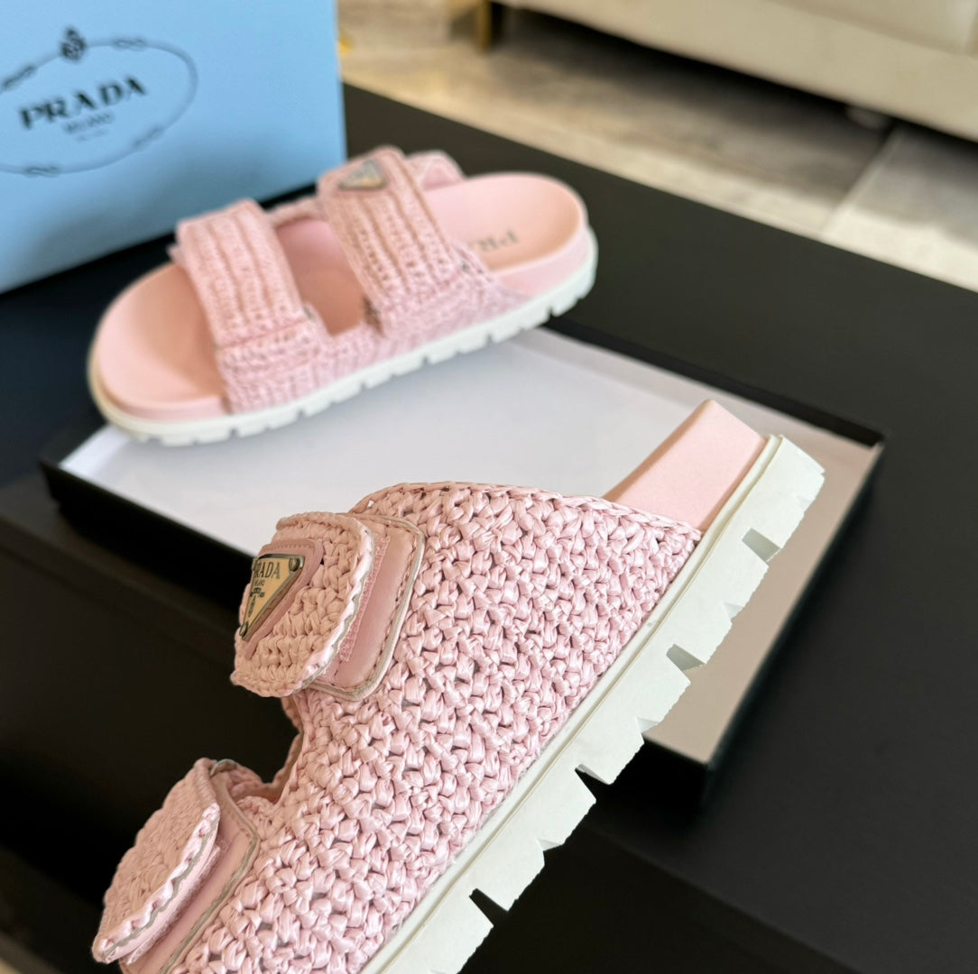 PRA RAFFIA CORK SLIDE LIGHT PINK CALFSKIN - 35