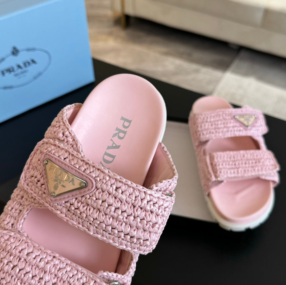 PRA RAFFIA CORK SLIDE LIGHT PINK CALFSKIN - 35
