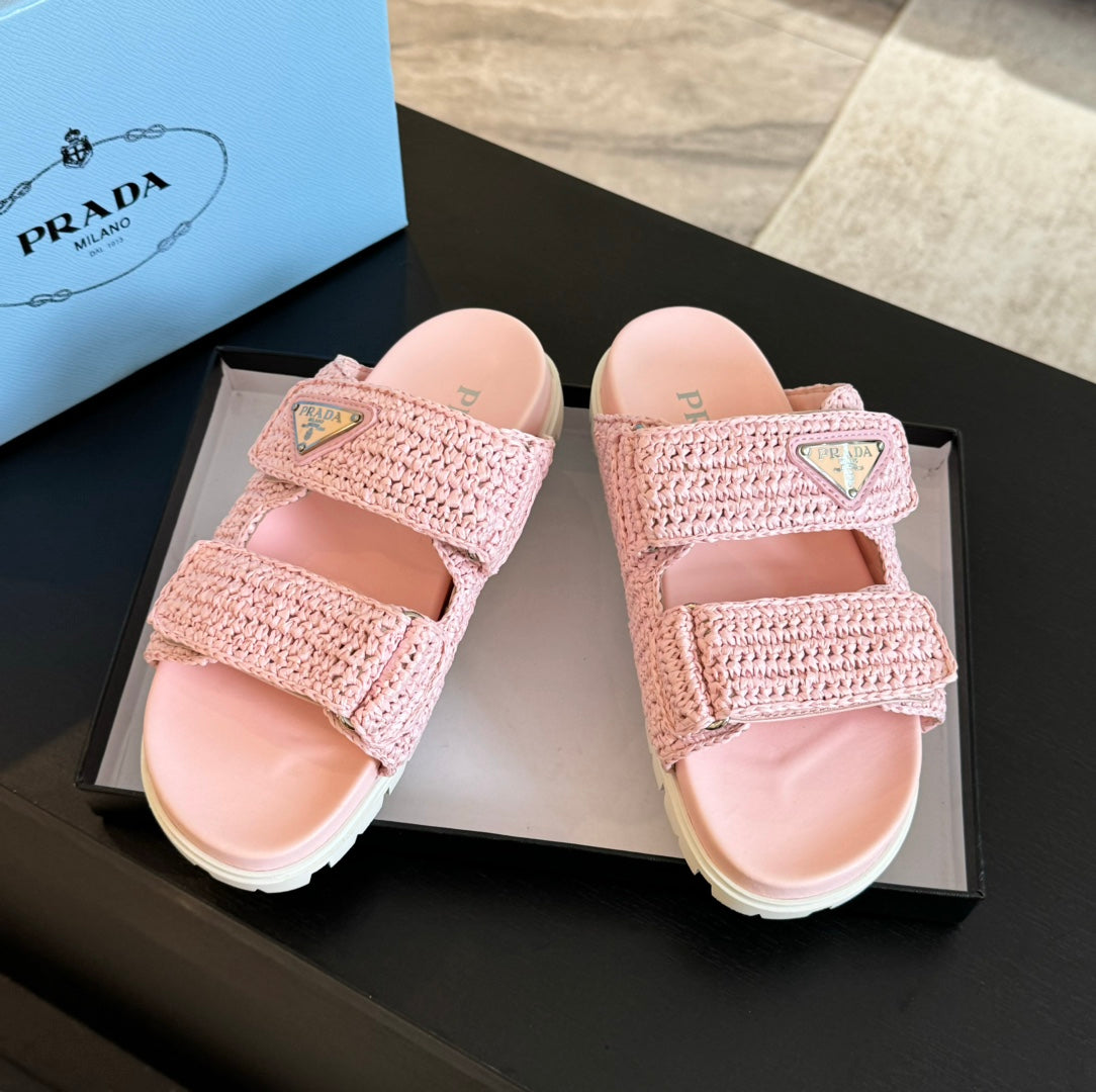 PRA RAFFIA CORK SLIDE LIGHT PINK CALFSKIN - 35