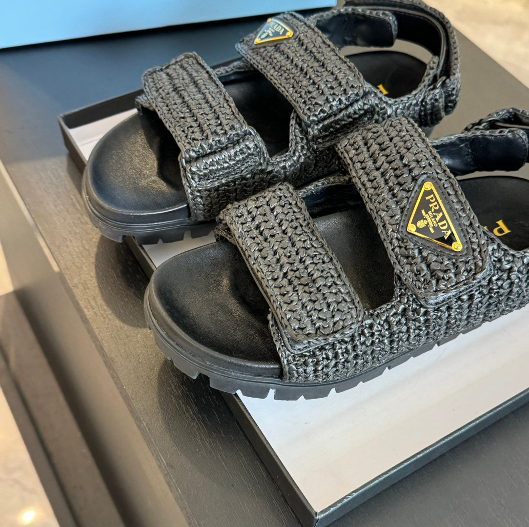 PRA CROCHET SANDALS BLACK CALFSKIN - 35