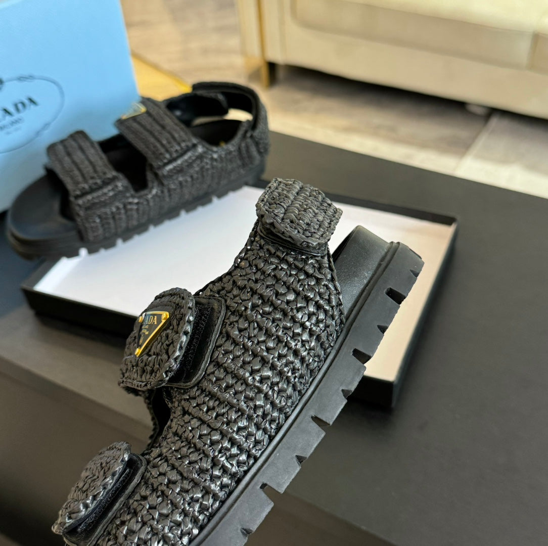 PRA CROCHET SANDALS BLACK CALFSKIN - 35
