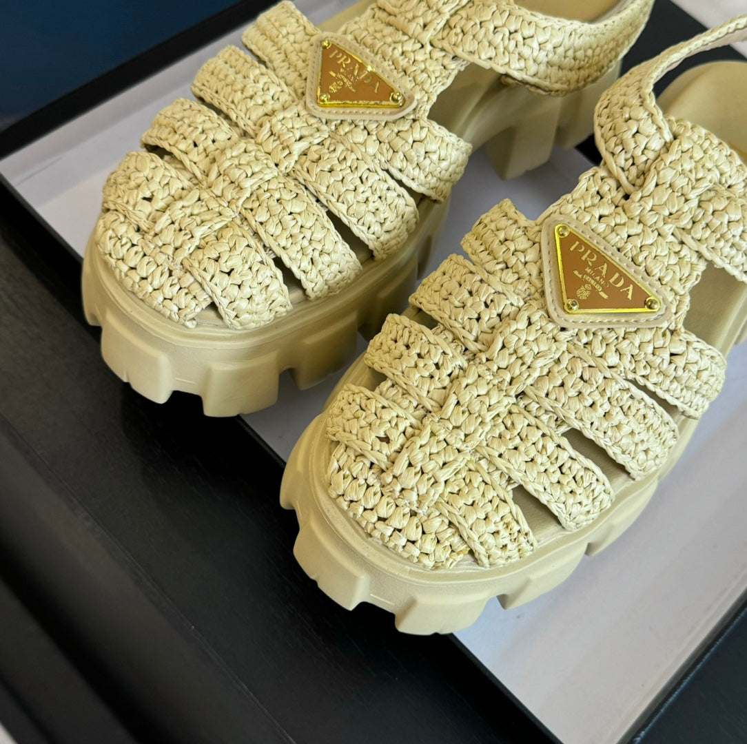 PRA MONOLITH CROCHET CAGE SANDALS PASTEL YELLOW LAMBSKIN - 35