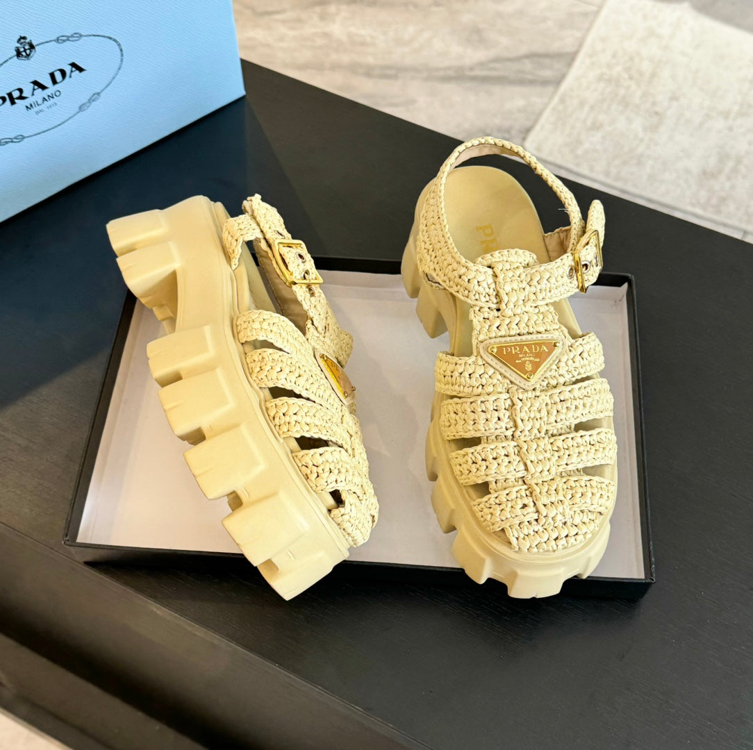 PRA MONOLITH CROCHET CAGE SANDALS PASTEL YELLOW LAMBSKIN - 35