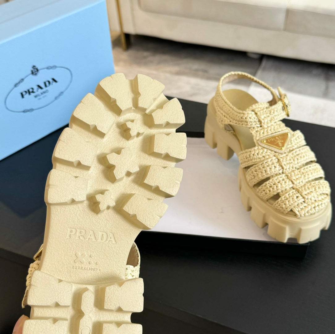 PRA MONOLITH CROCHET CAGE SANDALS PASTEL YELLOW LAMBSKIN - 35