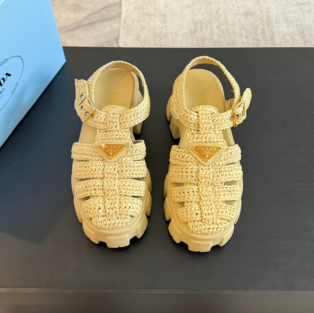 PRA MONOLITH CROCHET CAGE SANDALS PASTEL YELLOW LAMBSKIN - 35
