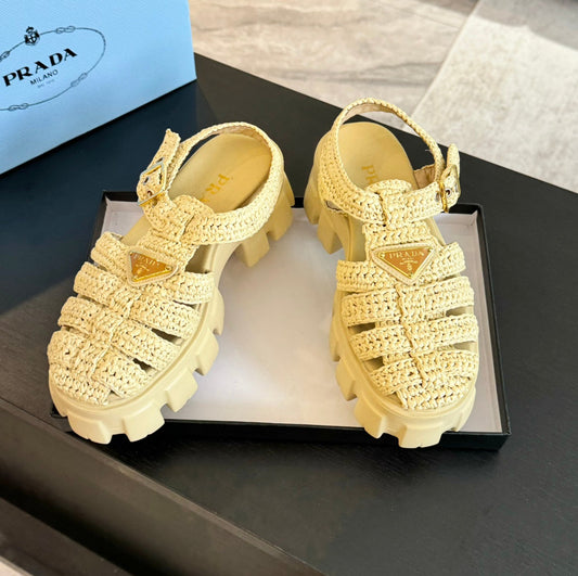 PRA MONOLITH CROCHET CAGE SANDALS PASTEL YELLOW LAMBSKIN - 35