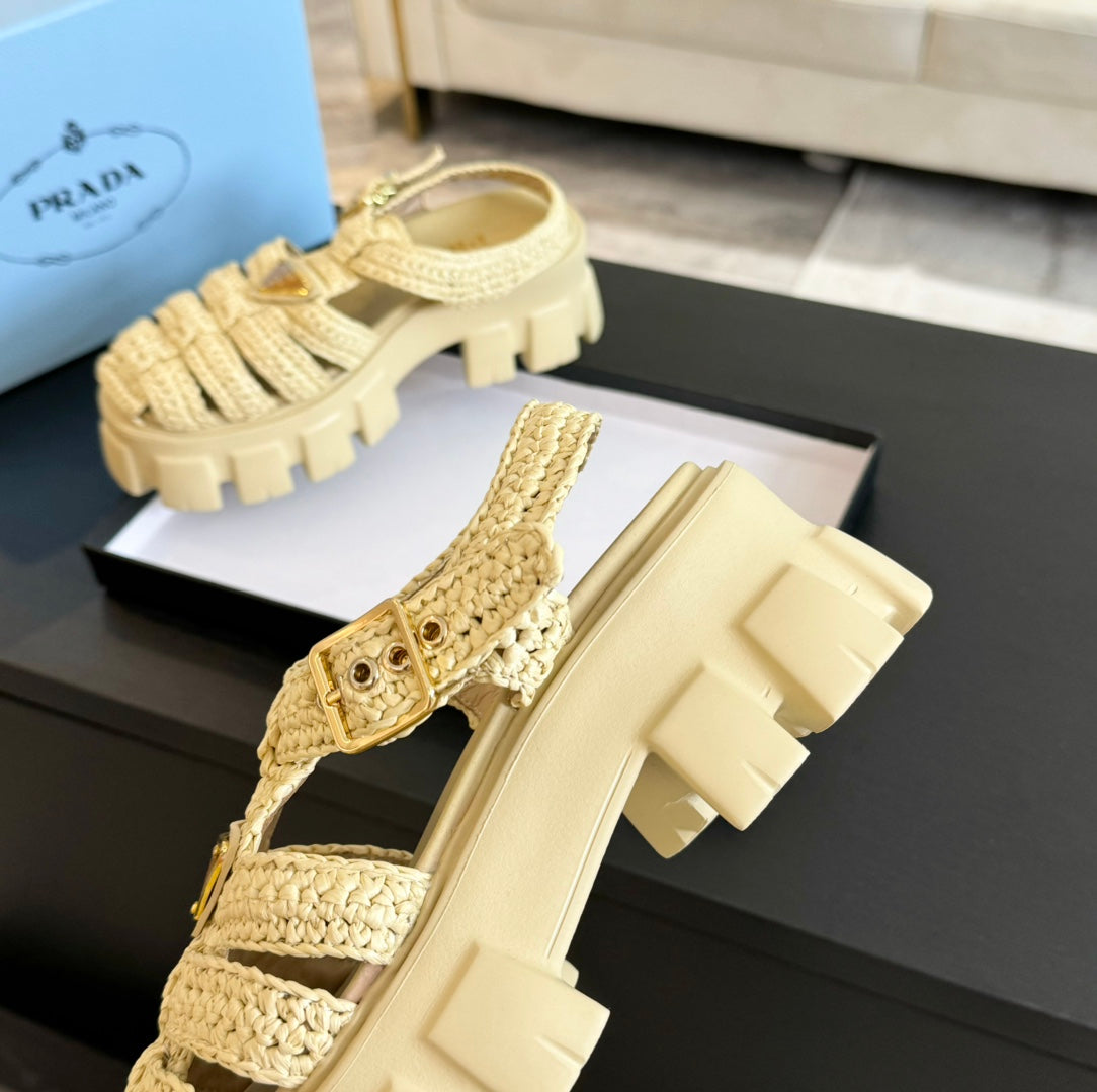 PRA MONOLITH CROCHET CAGE SANDALS PASTEL YELLOW LAMBSKIN - 35