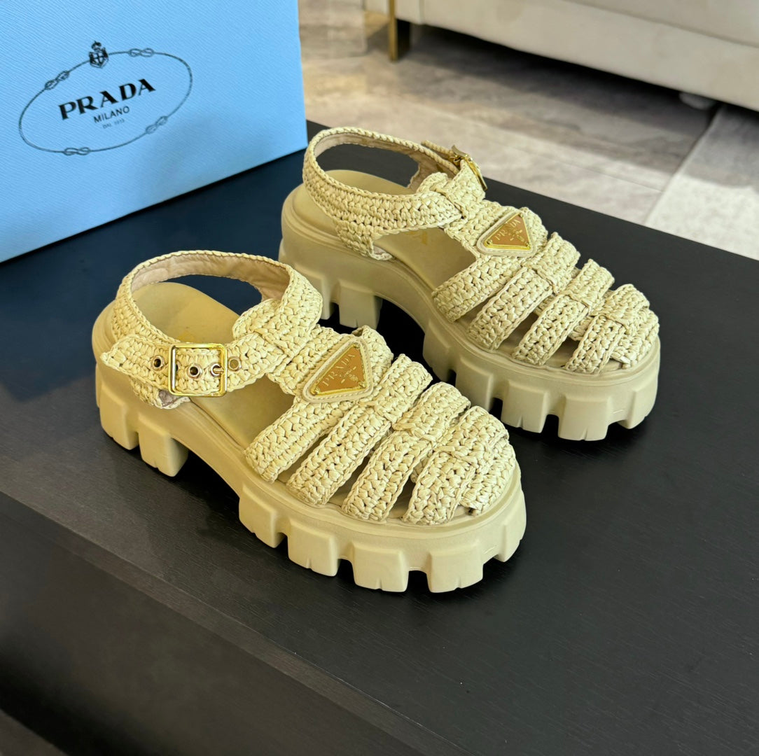 PRA MONOLITH CROCHET CAGE SANDALS PASTEL YELLOW LAMBSKIN - 35