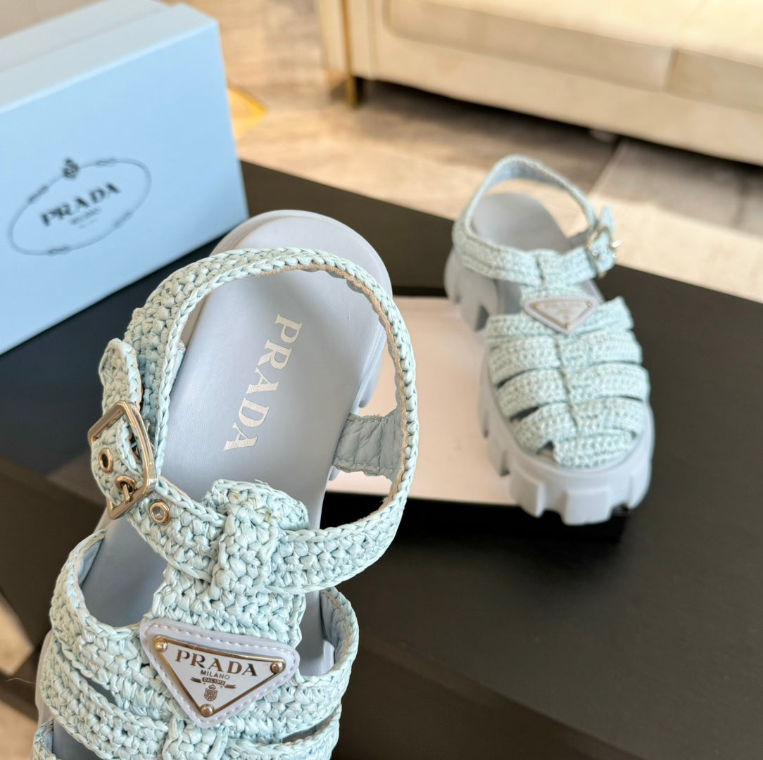PRA MONOLITH CROCHET CAGE SANDALS PASTEL BLUE LAMBSKIN - 35