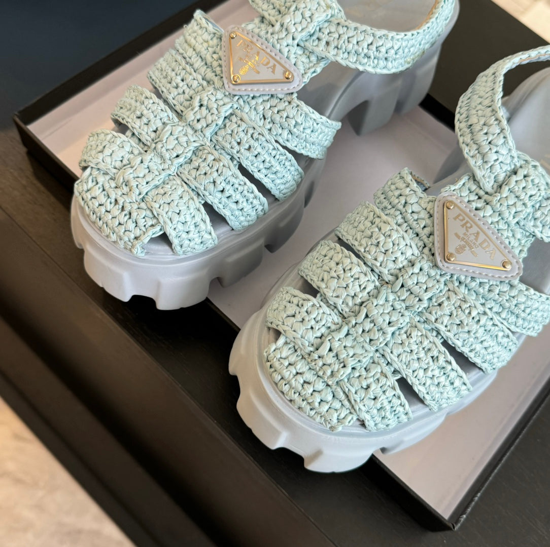 PRA MONOLITH CROCHET CAGE SANDALS PASTEL BLUE LAMBSKIN - 35