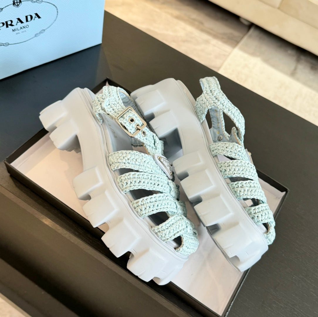 PRA MONOLITH CROCHET CAGE SANDALS PASTEL BLUE LAMBSKIN - 35