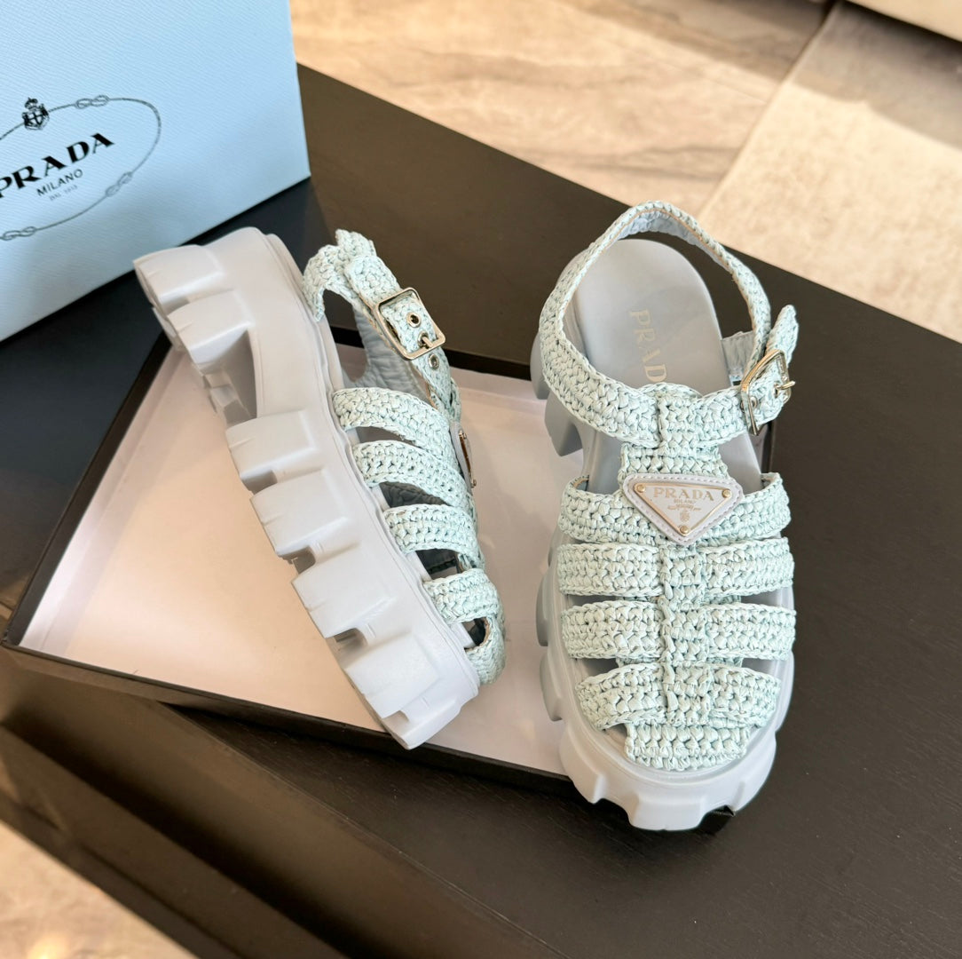 PRA MONOLITH CROCHET CAGE SANDALS PASTEL BLUE LAMBSKIN - 35