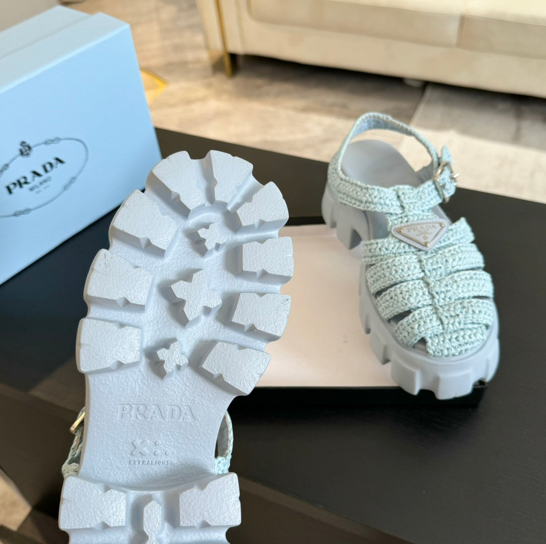 PRA MONOLITH CROCHET CAGE SANDALS PASTEL BLUE LAMBSKIN - 35