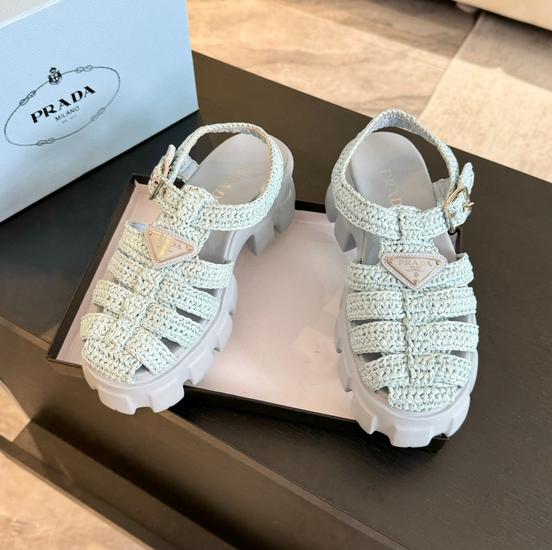 PRA MONOLITH CROCHET CAGE SANDALS PASTEL BLUE LAMBSKIN - 35