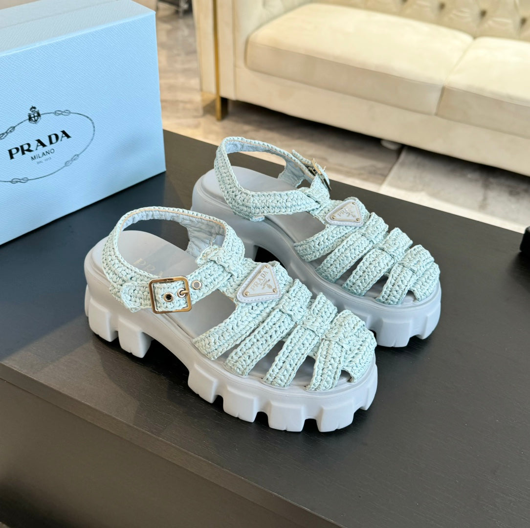 PRA MONOLITH CROCHET CAGE SANDALS PASTEL BLUE LAMBSKIN - 35