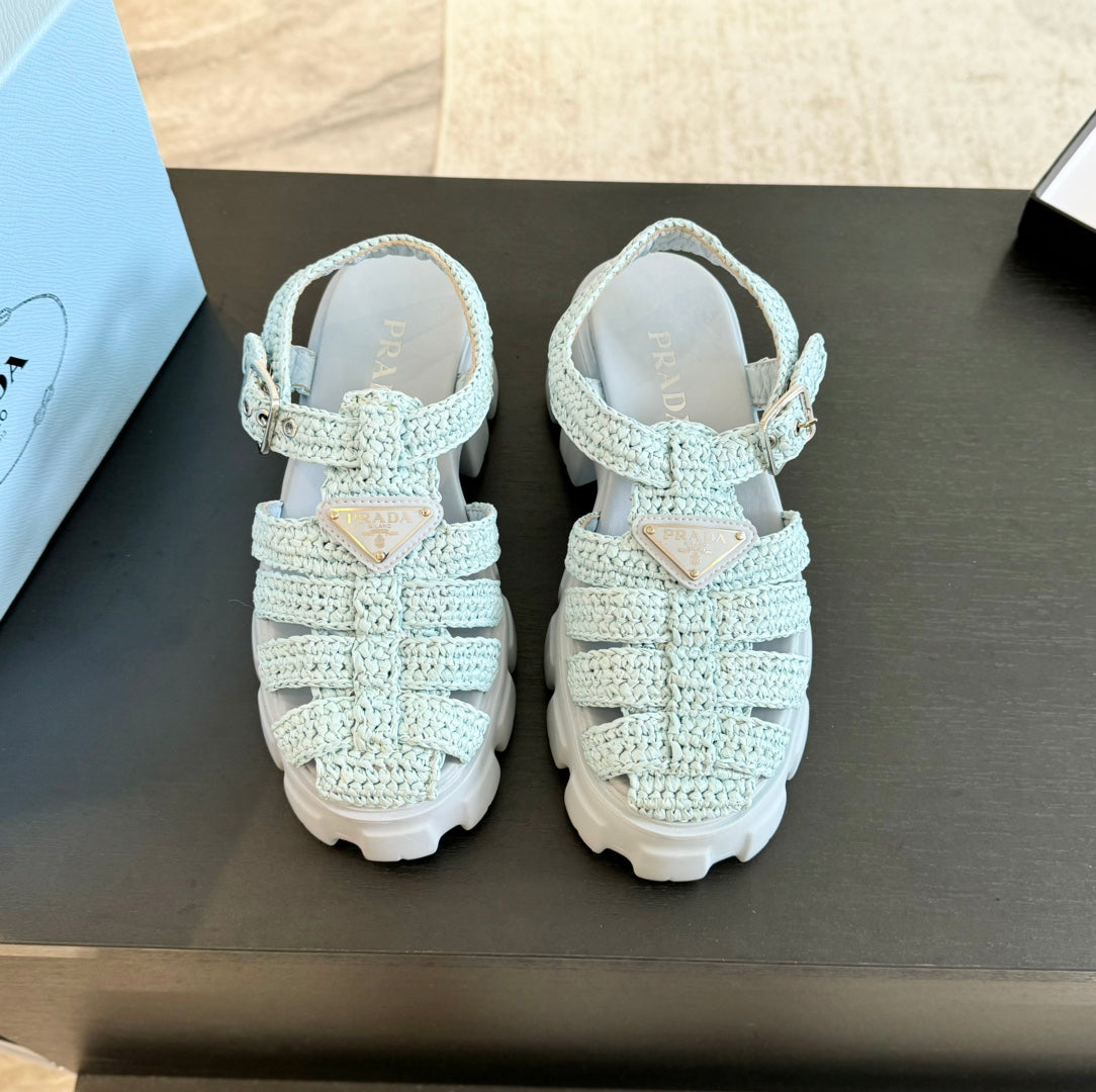 PRA MONOLITH CROCHET CAGE SANDALS PASTEL BLUE LAMBSKIN - 35