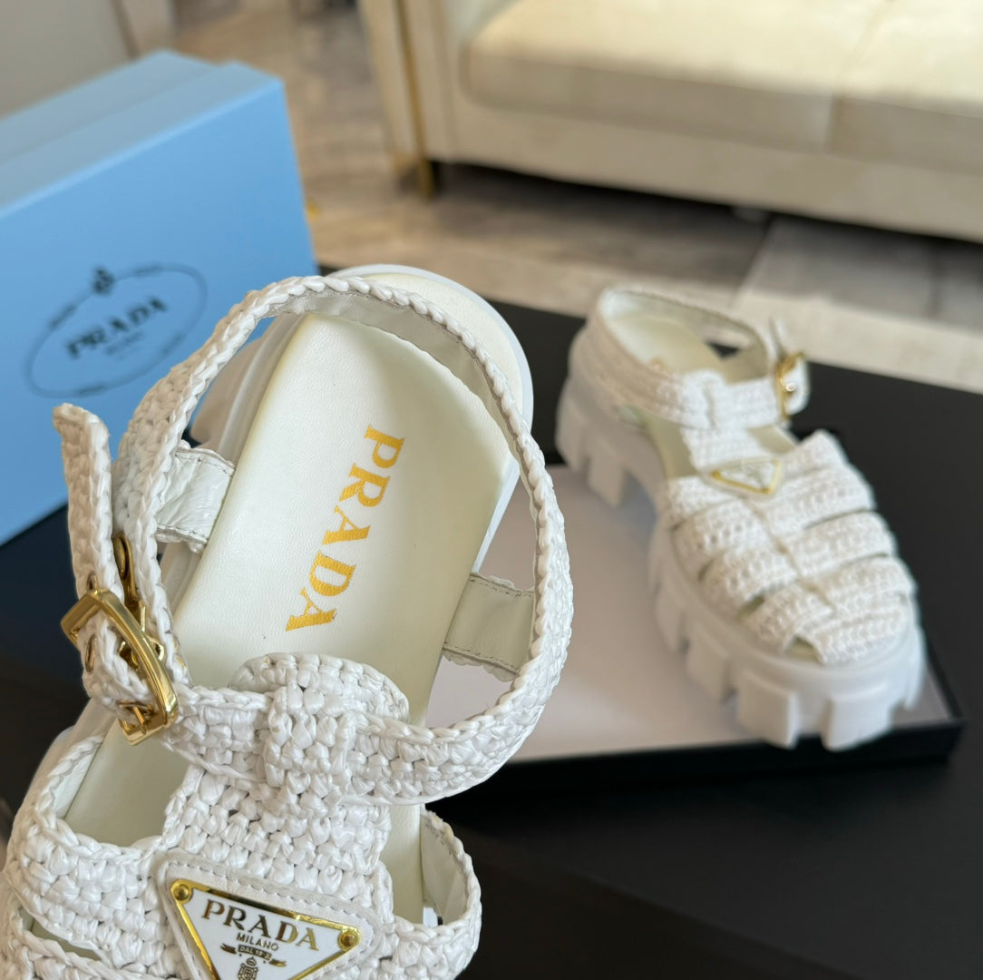 PRA MONOLITH CROCHET CAGE SANDALS WHITE LAMBSKIN - 35