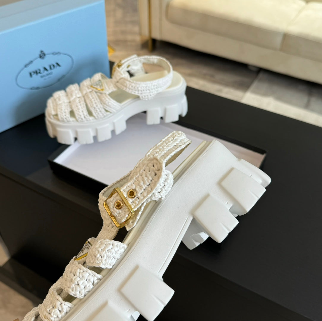 PRA MONOLITH CROCHET CAGE SANDALS WHITE LAMBSKIN - 35