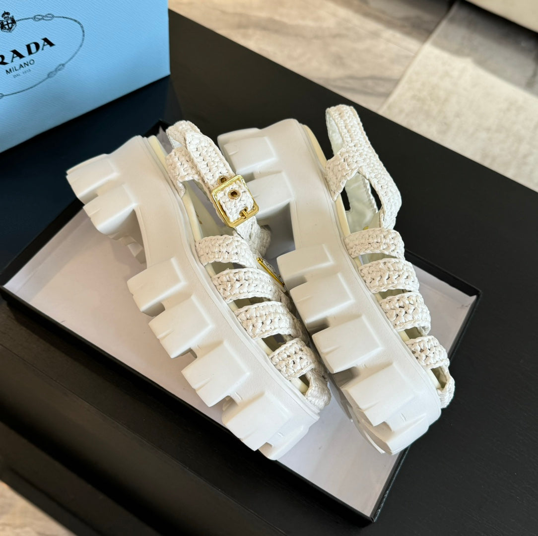 PRA MONOLITH CROCHET CAGE SANDALS WHITE LAMBSKIN - 35