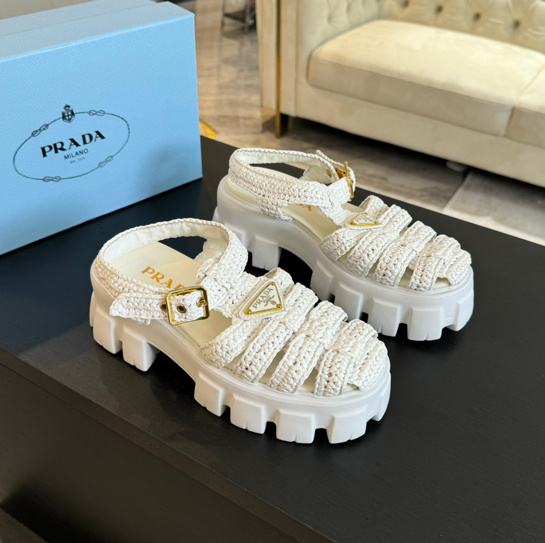 PRA MONOLITH CROCHET CAGE SANDALS WHITE LAMBSKIN - 35