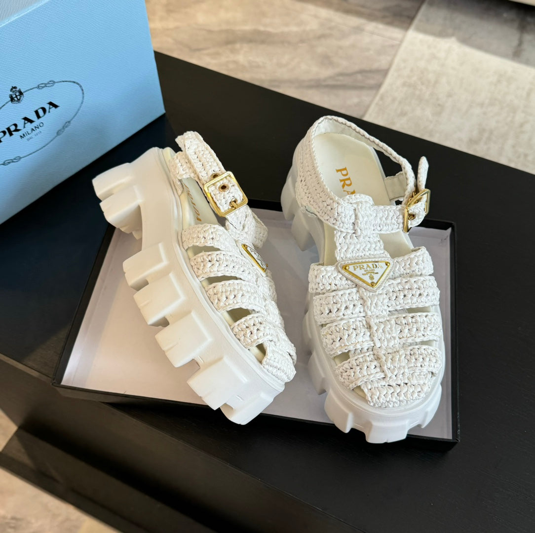 PRA MONOLITH CROCHET CAGE SANDALS WHITE LAMBSKIN - 35