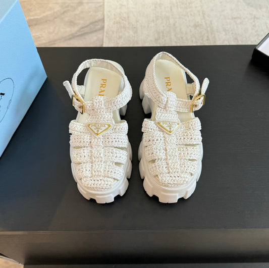 PRA MONOLITH CROCHET CAGE SANDALS WHITE LAMBSKIN - 35