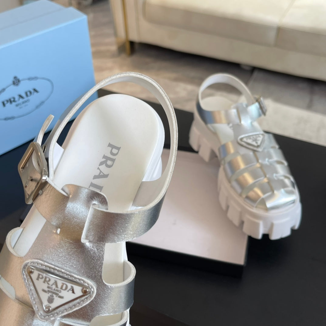 PRA RUBBER MONOLITH SANDALS SILVER CALFSKIN - 35