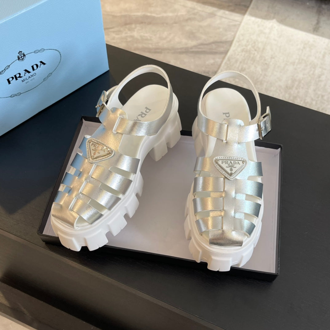 PRA RUBBER MONOLITH SANDALS SILVER CALFSKIN - 35