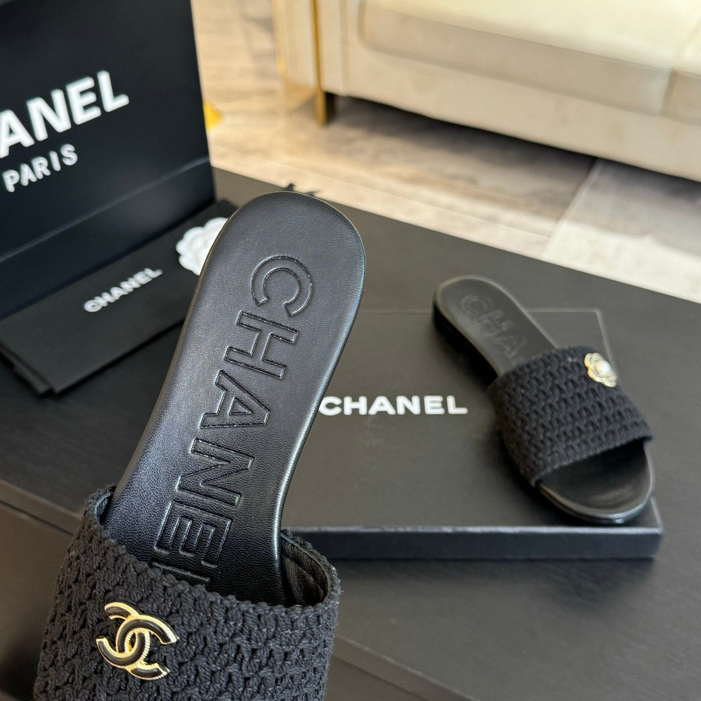 CC BLACK WOVEN FLAT SLIPPERS - 35