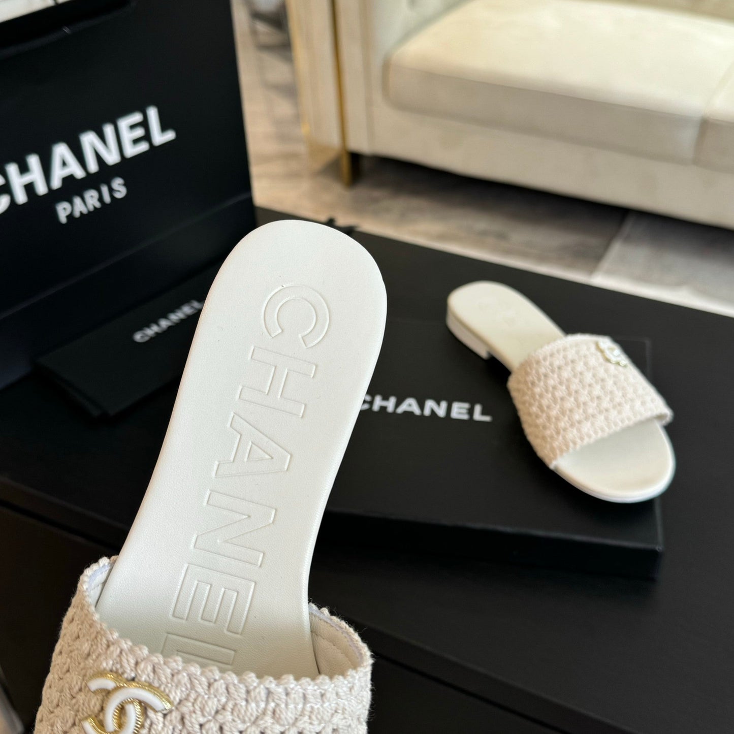 CC WHITE WOVEN FLAT SLIPPERS - 35