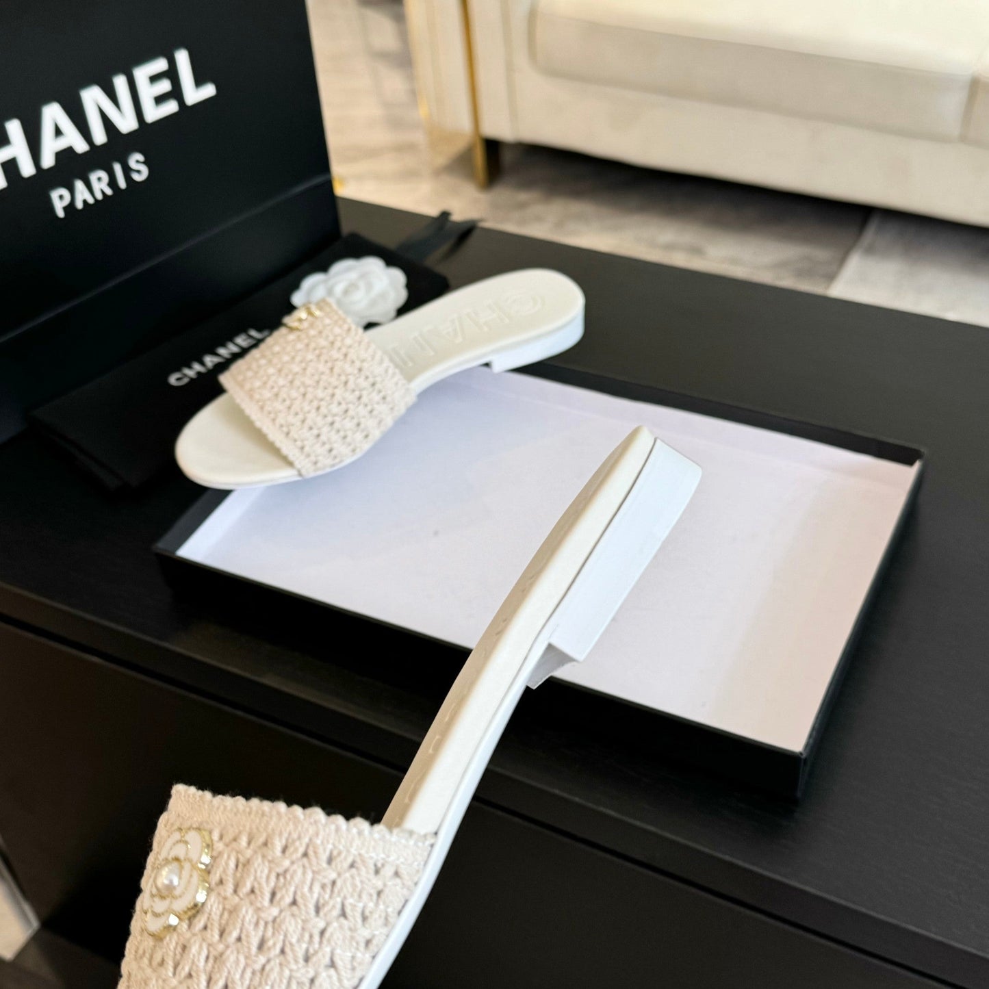 CC WHITE WOVEN FLAT SLIPPERS - 35
