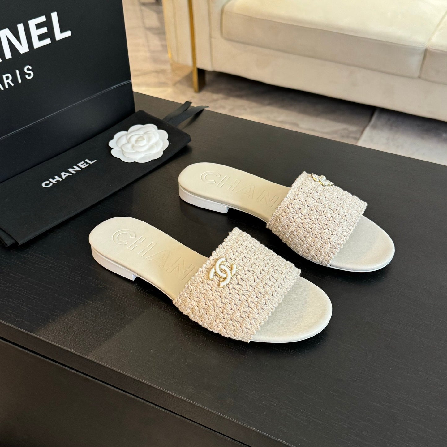 CC WHITE WOVEN FLAT SLIPPERS - 35