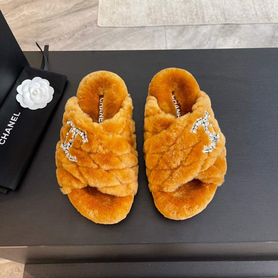 SAFETY ORANGE FUR CROSS STRAP SLIPPERS - 35